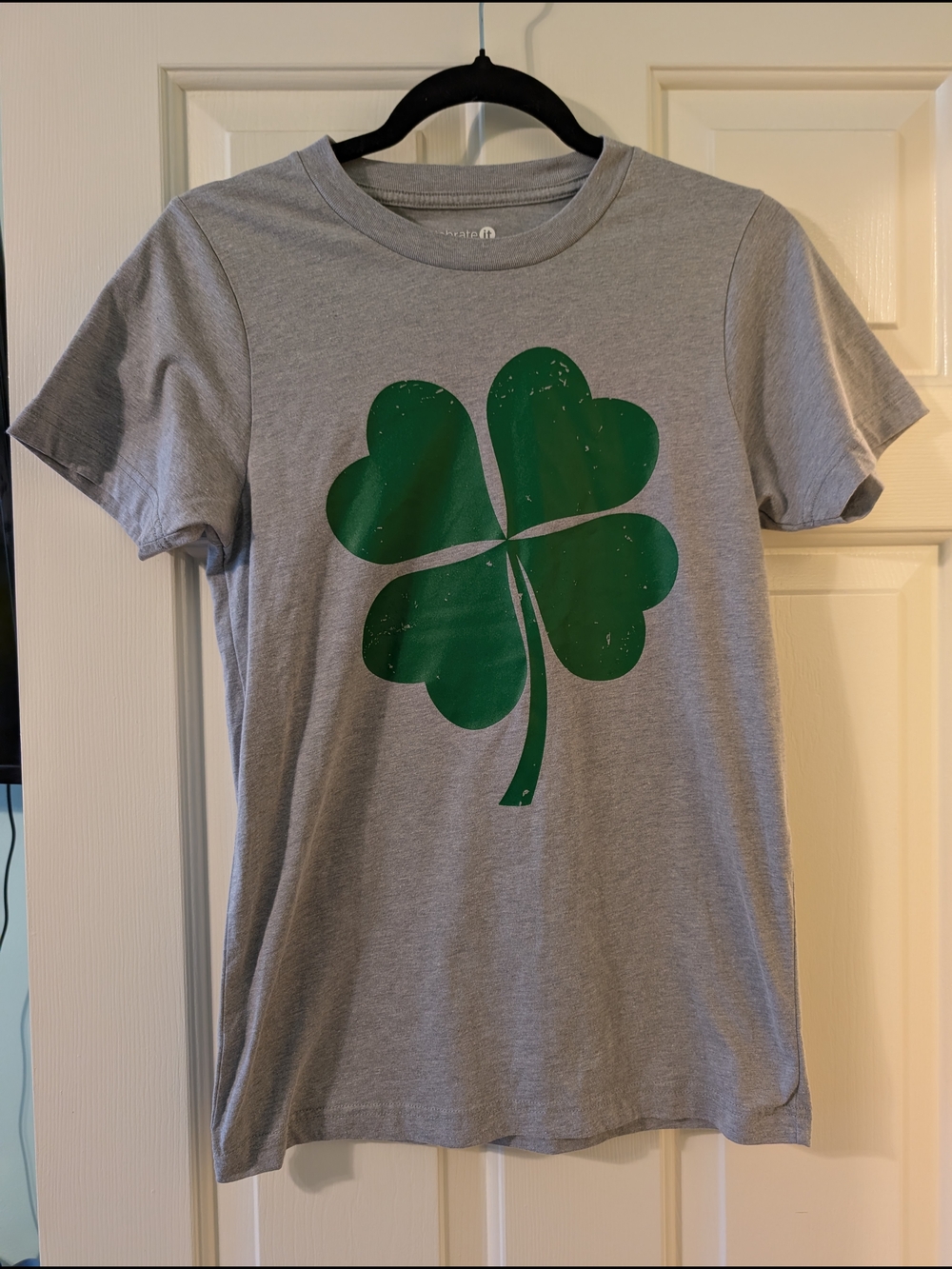 Celebrate It Grey Tee with Green Four-Leaf Clover Saint Patrick's Day